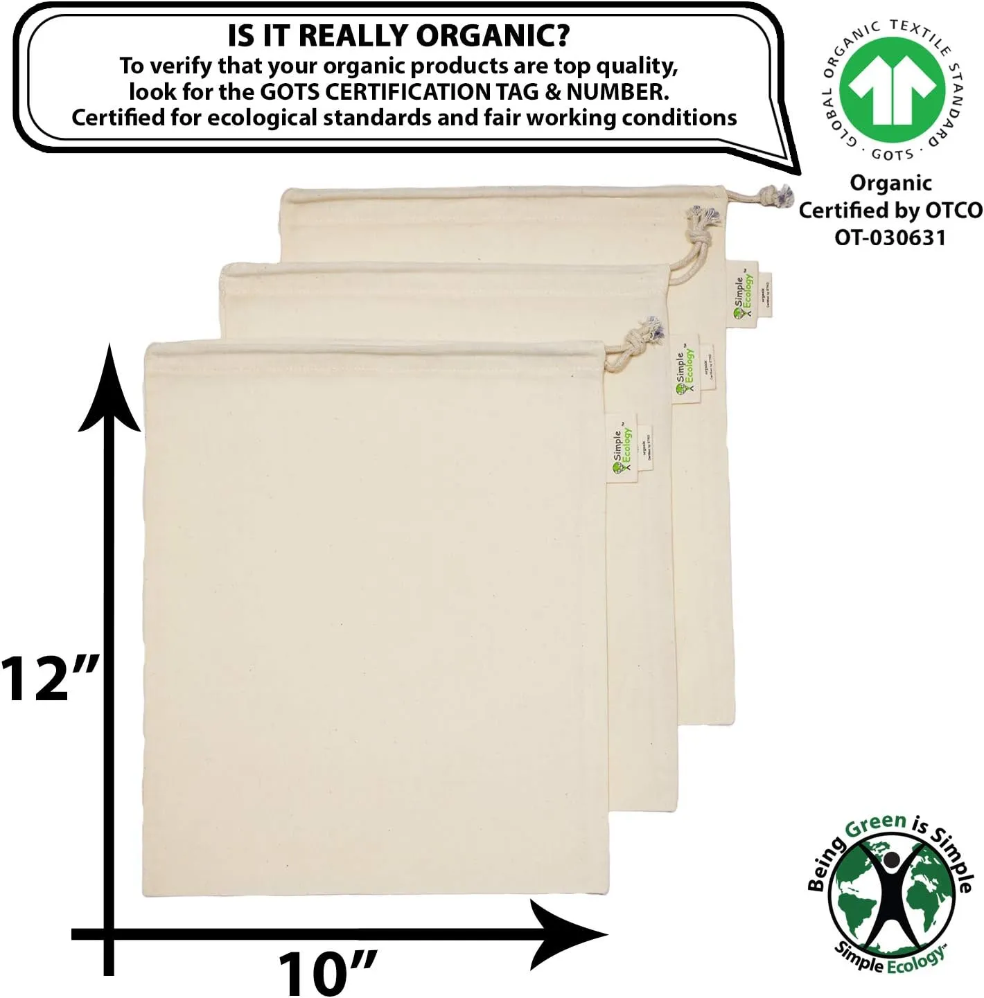 Reusable Grocery Produce Shopping and Storage Bags, Organic Cotton Muslin, Medium 3 pack