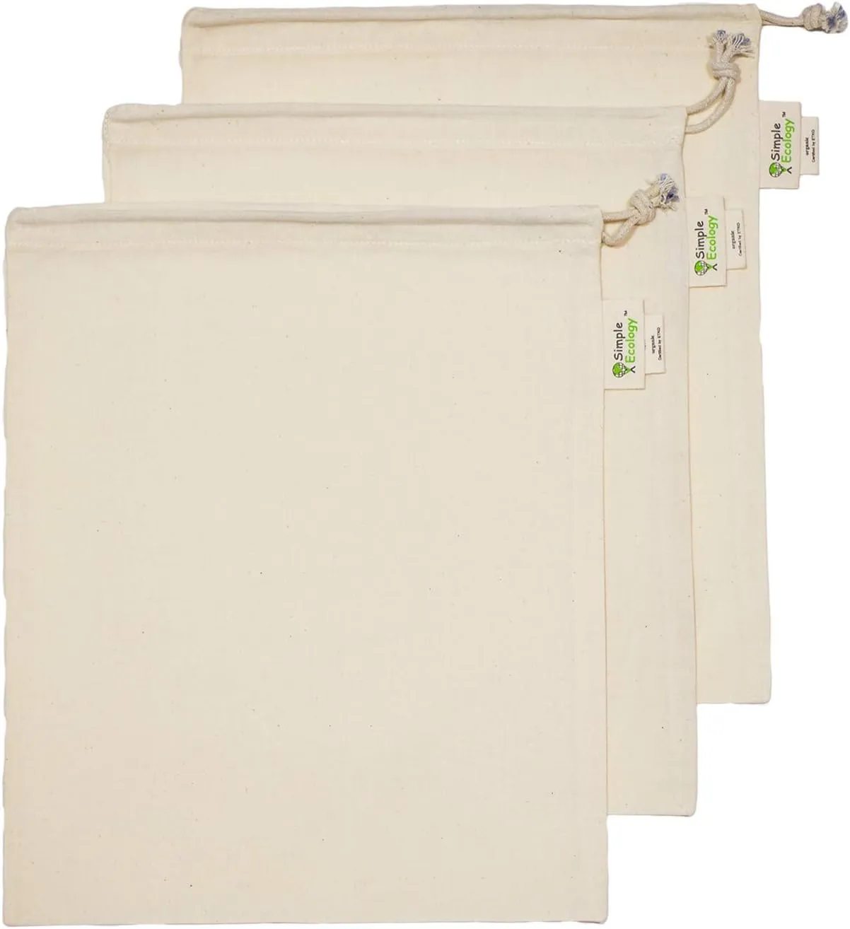 Reusable Grocery Produce Shopping and Storage Bags, Organic Cotton Muslin, Medium 3 pack