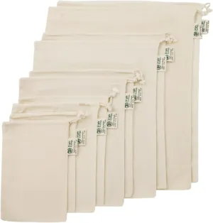 Reusable Grocery Produce Shopping and Storage Bags, Organic Cotton Muslin, Set of 10 (2 ea. XL, L, M, S, XS)