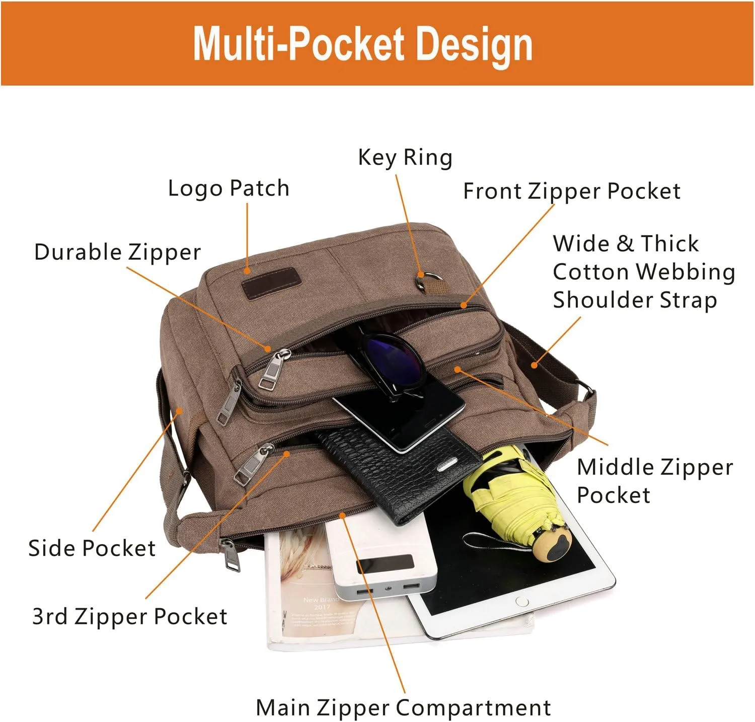 Rfid Crossbody Messenger Bag with Water Bottle Holders, 13 inch Laptop Shoulder Bag, Sling Satchel Purse w/Built-in Wallet