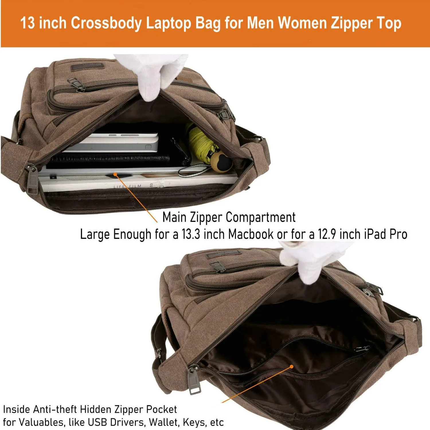 Rfid Crossbody Messenger Bag with Water Bottle Holders, 13 inch Laptop Shoulder Bag, Sling Satchel Purse w/Built-in Wallet