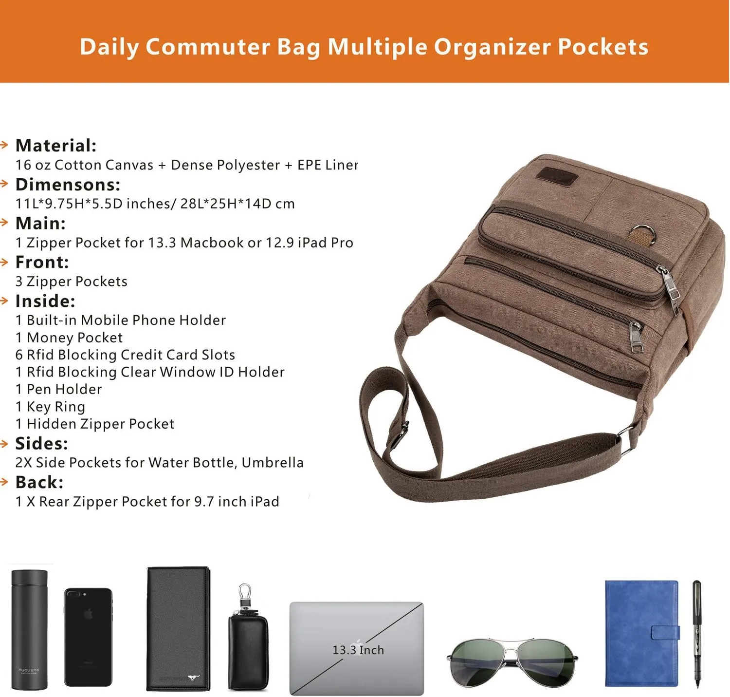 Rfid Crossbody Messenger Bag with Water Bottle Holders, 13 inch Laptop Shoulder Bag, Sling Satchel Purse w/Built-in Wallet