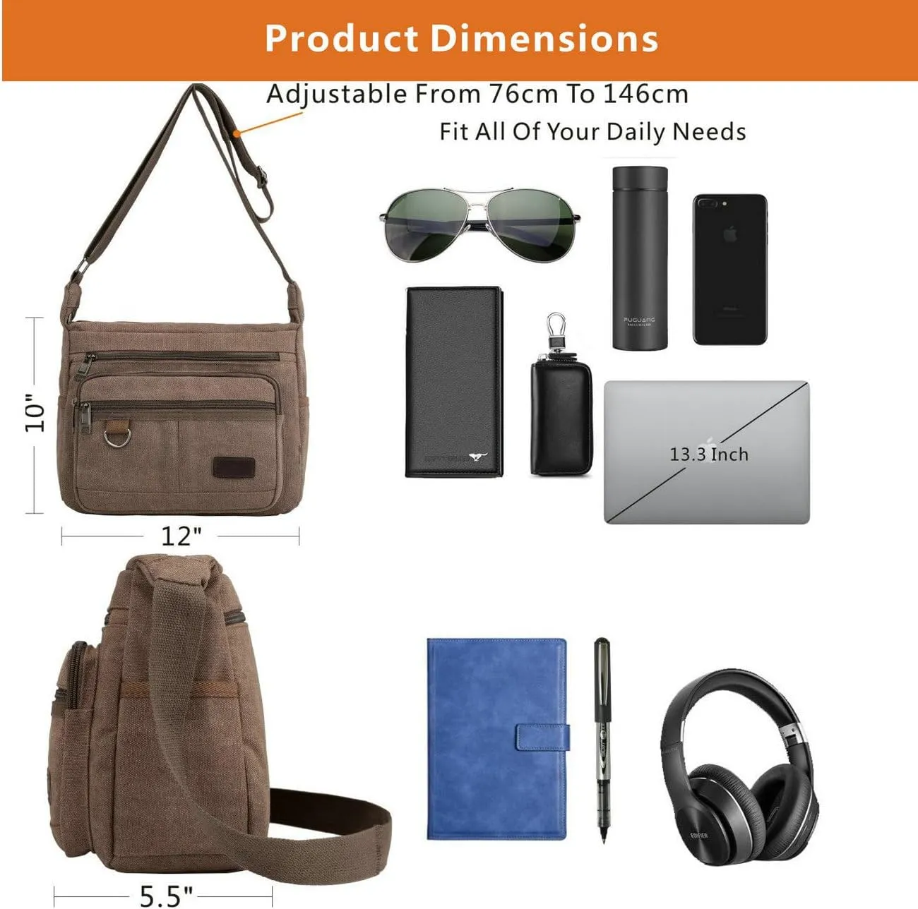 Rfid Crossbody Messenger Bag with Water Bottle Holders, 13 inch Laptop Shoulder Bag, Sling Satchel Purse w/Built-in Wallet