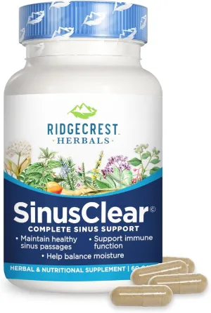 RidgeCrest Herbals SinusClear, Complete Formula for Sinus and Nasal Health with Mullein Leaf, Bromelain, Vitamin C, and Zinc, for Healthy Mucus, Immune & Respiratory Support, (60 Veg Caps, 30 Serv)