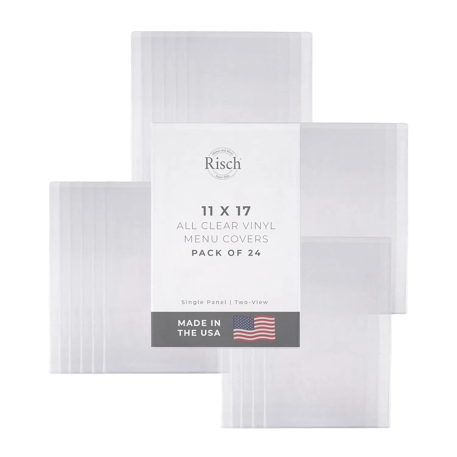 Risch Double-Sided All Clear Vinyl Menu Cover, Two-Sided 2 View Plastic Menu Holder, Slip in Top-Loading Cover, Wipeable, Reusable, 11” x 17”, 12-Gauge, Pack of 24