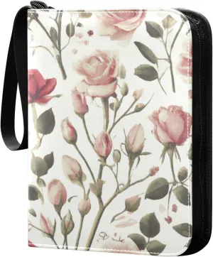 Romantic Rosebud Card Binder 4 Pocket Trading Card Album Fits 400 Sports/Game Cards, PU Cover 3 Ring Card Collection with 50 Removable Sleeves