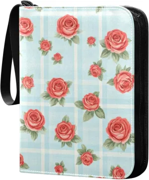 Roses with Blue Plaid Card Binder 4 Pocket Trading Card Album Fits 400 Sports/Game Cards, PU Cover 3 Ring Card Collection with 50 Removable Sleeves