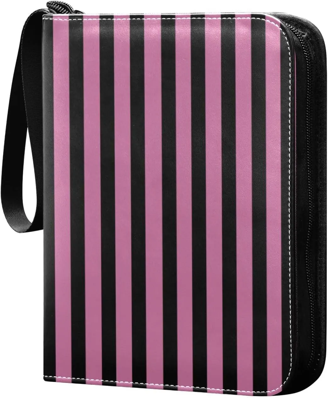Rosy Pink Black Stripes Card Binder 4 Pocket Trading Card Album Fits 400 Sports/Game Cards, PU Cover 3 Ring Card Collection with 50 Removable Sleeves