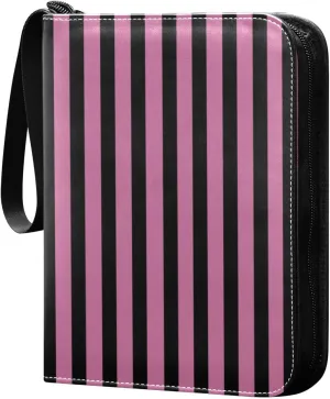 Rosy Pink Black Stripes Card Binder 4 Pocket Trading Card Album Fits 400 Sports/Game Cards, PU Cover 3 Ring Card Collection with 50 Removable Sleeves