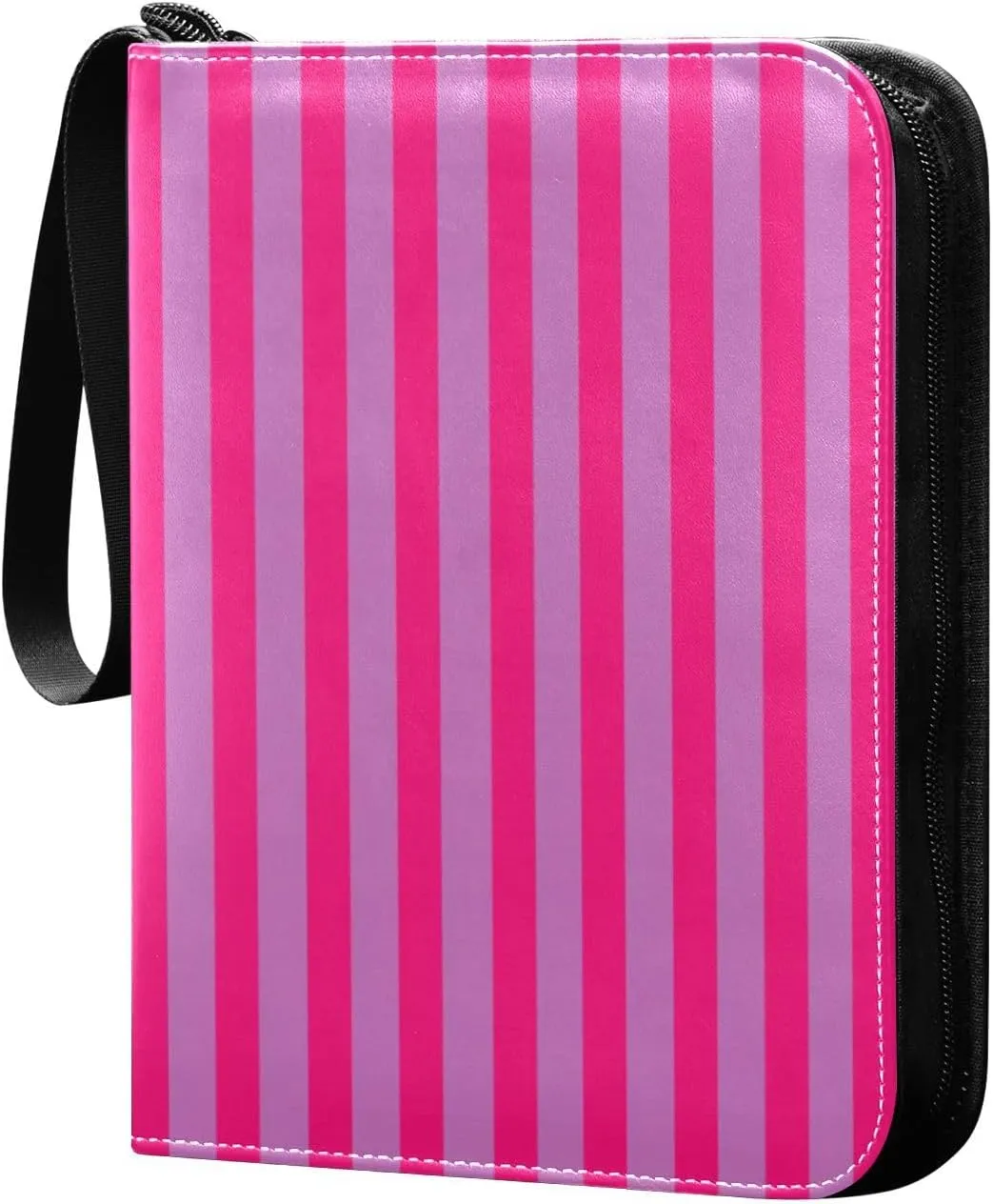 Rosy Pink Stripes Card Binder 4 Pocket Trading Card Album Fits 400 Sports/Game Cards, PU Cover 3 Ring Card Collection with 50 Removable Sleeves