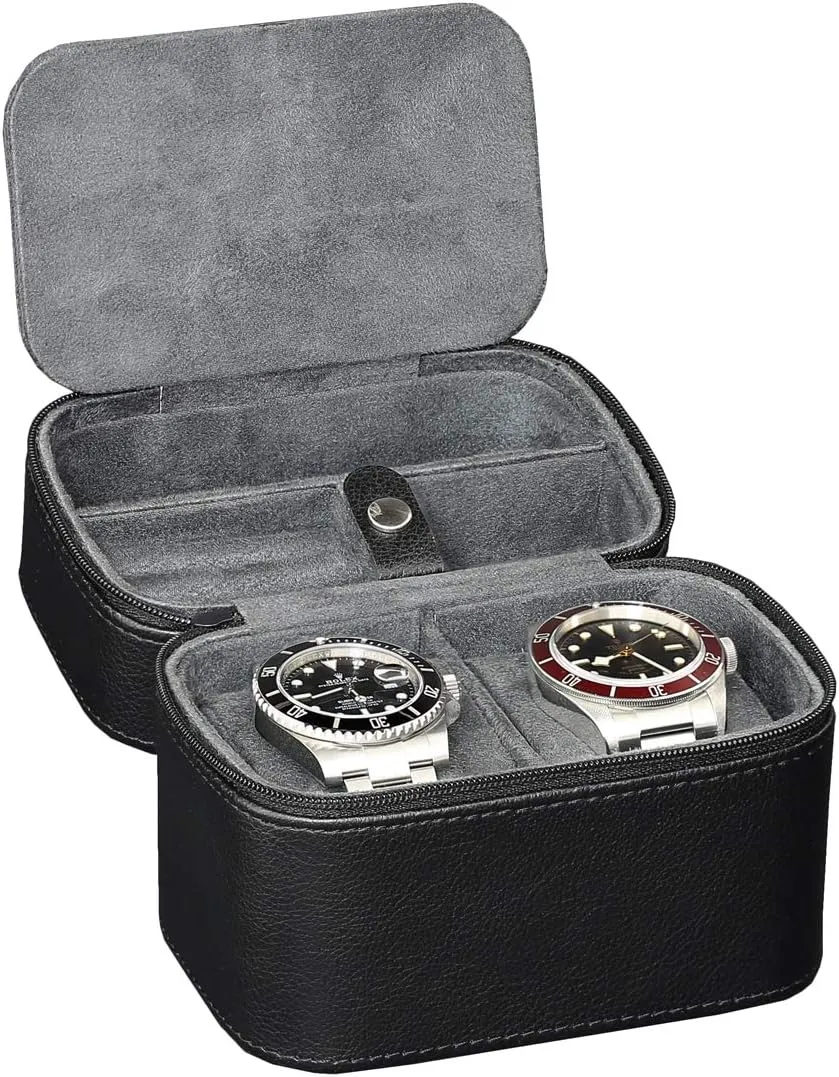ROTHWELL 2 Watch Travel Case Storage Organizer for 2 Watches | Tough Portable Protection w/Zipper Fits All Wristwatches & Smart Watches Up to 50mm (Black/Grey)