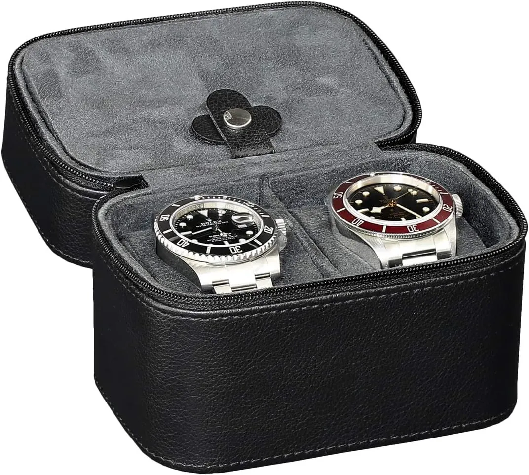 ROTHWELL 2 Watch Travel Case Storage Organizer for 2 Watches | Tough Portable Protection w/Zipper Fits All Wristwatches & Smart Watches Up to 50mm (Black/Grey)