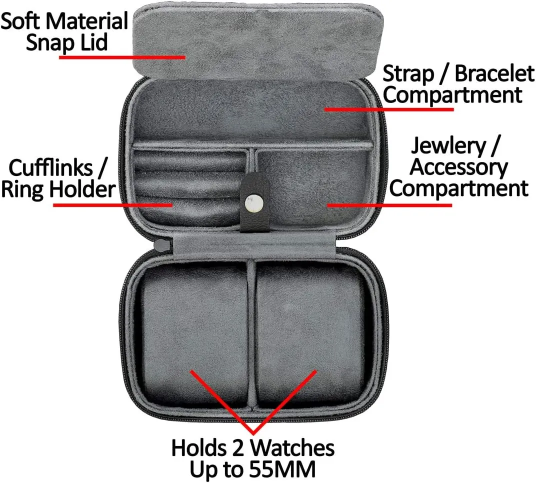 ROTHWELL 2 Watch Travel Case Storage Organizer for 2 Watches | Tough Portable Protection w/Zipper Fits All Wristwatches & Smart Watches Up to 50mm (Black/Grey)