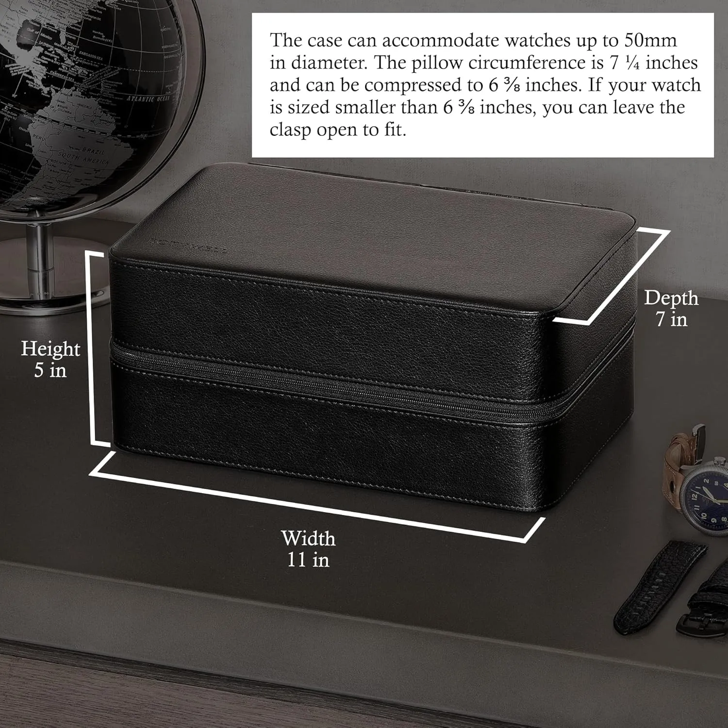 ROTHWELL 8 Watch Travel Case Storage Organizer for 8 Watches, Sunglasses, Rings & Cufflinks |Tough Portable Protection with Zipper Fits Most Wristwatches & Smart Watches Up to 50mm (Black/Grey)