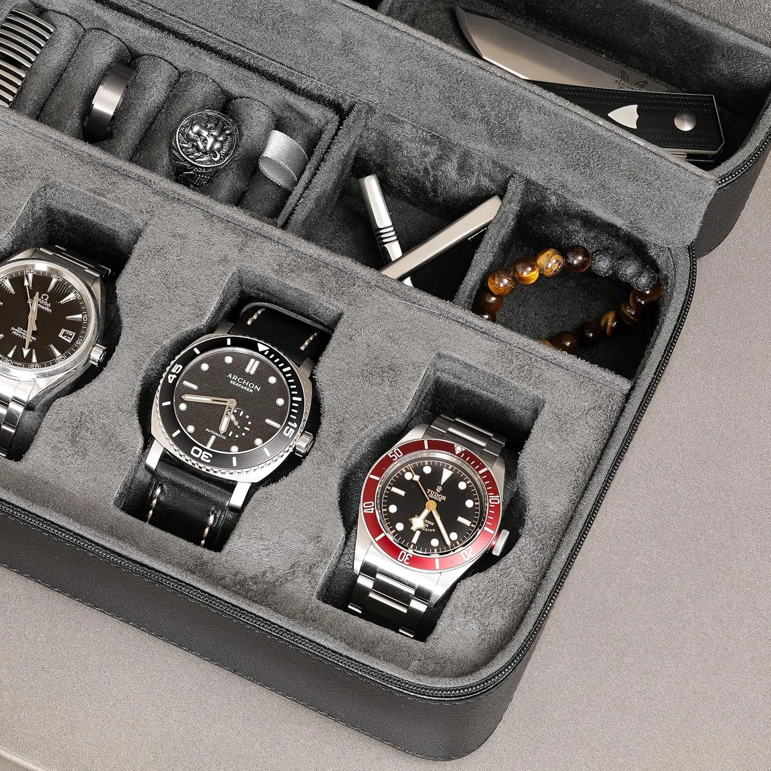 ROTHWELL 8 Watch Travel Case Storage Organizer for 8 Watches, Sunglasses, Rings & Cufflinks |Tough Portable Protection with Zipper Fits Most Wristwatches & Smart Watches Up to 50mm (Black/Grey)