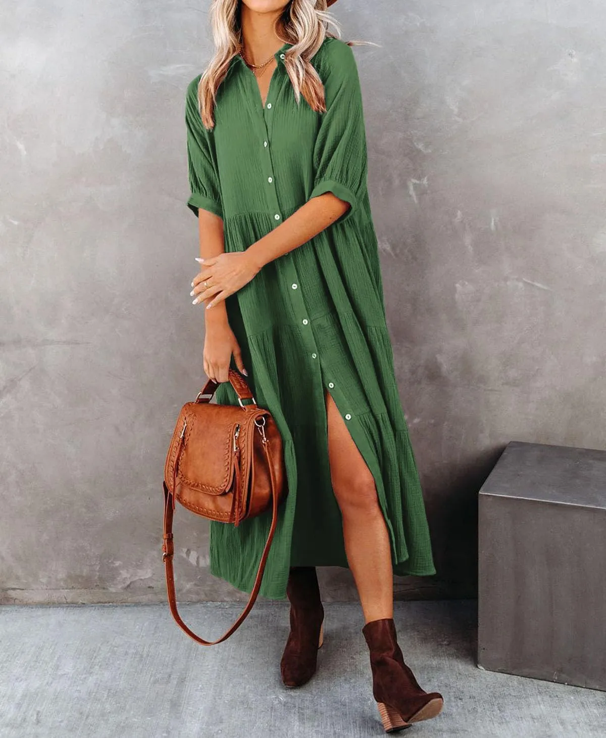 R.Vivimos Women's Summer Cotton Half Sleeves Button Down Casual Loose Slit Midi Dress with Pockets