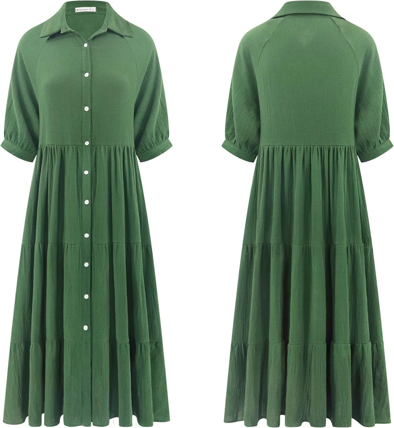 R.Vivimos Women's Summer Cotton Half Sleeves Button Down Casual Loose Slit Midi Dress with Pockets