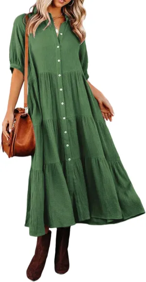R.Vivimos Women's Summer Cotton Half Sleeves Button Down Casual Loose Slit Midi Dress with Pockets