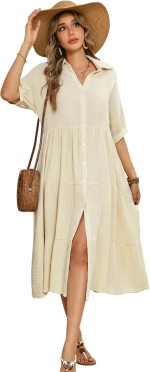 R.Vivimos Women's Summer Cotton Half Sleeves Button Down Casual Loose Slit Midi Dress with Pockets