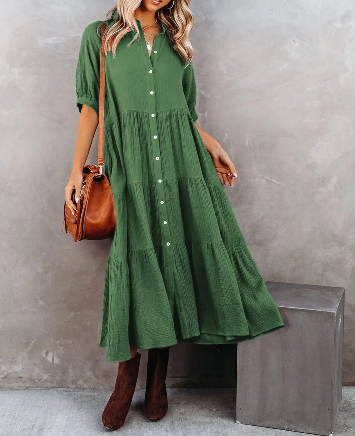 R.Vivimos Women's Summer Cotton Half Sleeves Button Down Casual Loose Slit Midi Dress with Pockets
