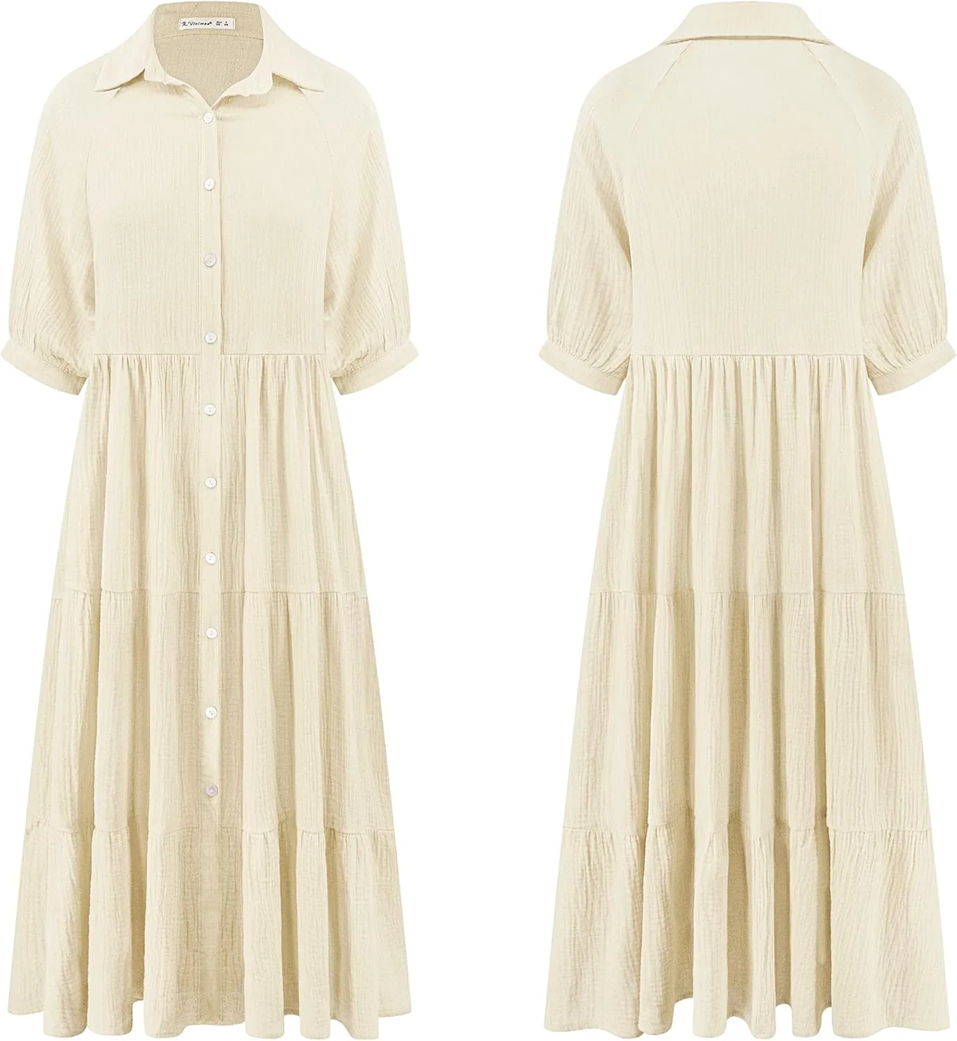 R.Vivimos Women's Summer Cotton Half Sleeves Button Down Casual Loose Slit Midi Dress with Pockets