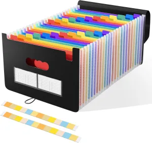 SAYEEC 24 Pockets Accordion File Organizer Expanding Large Capacity Document Folder A4 Letter Size Paper Wallet Portable Desktop Stand Box with Colored Tabs and Labels for Students Office Home