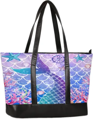 Scale Fishtail Starfish Laptop Tote Bag for Women Lightweight Work Purse with Multiple Compartments Fits 13-15.6 Inch Laptop Tablet Shoulder Bag for Office Travel Daily Use