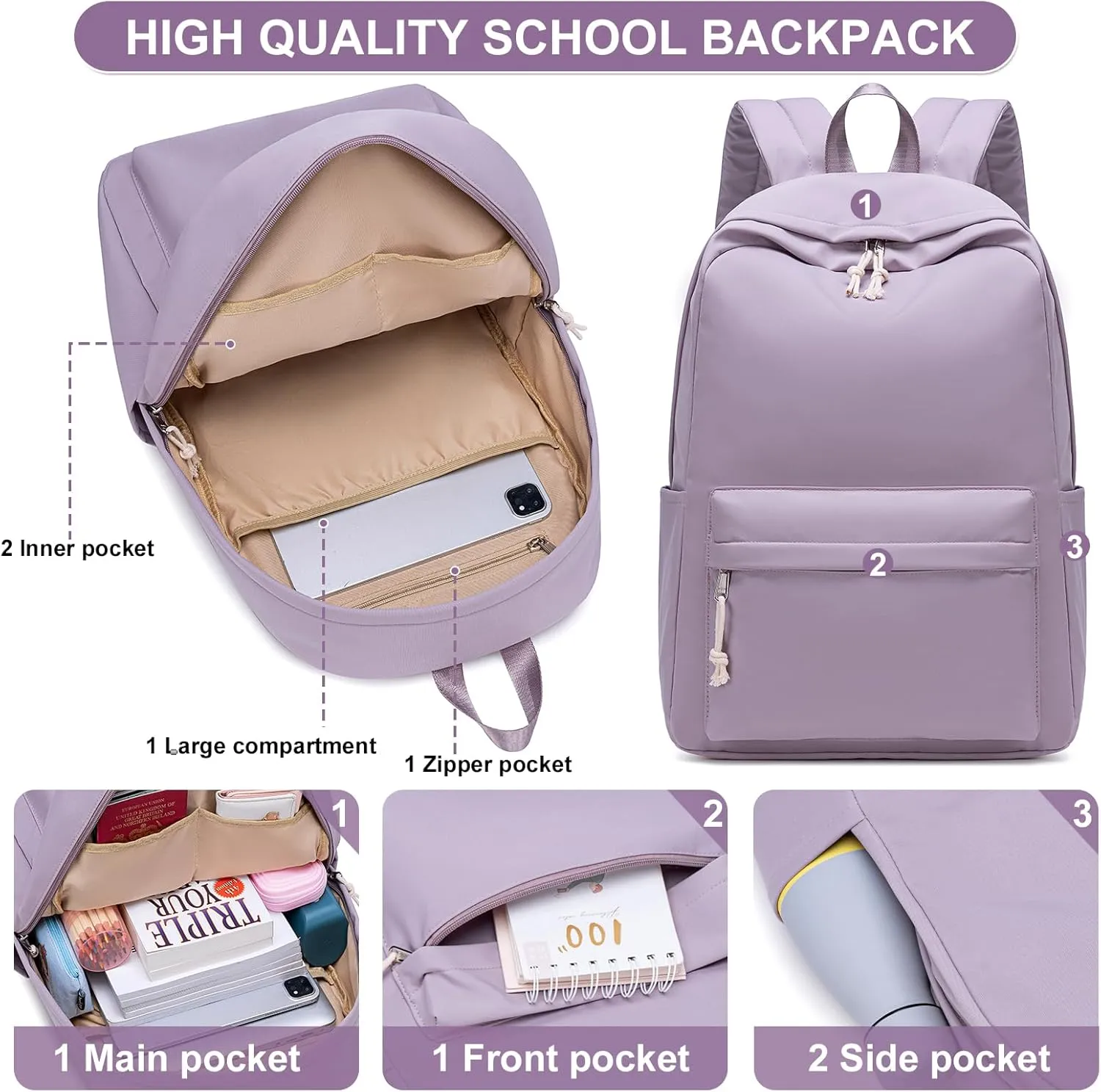 School Backpack for Teen Girls Women Laptop Backpack College Bookbags Middle School Travel Work Commuter Back Pack（Dark purple）