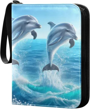 Sea Jumping Dolphins Card Binder 4 Pocket Trading Card Album Fits 400 Sports/Game Cards, PU Cover 3 Ring Card Collection with 50 Removable Sleeves