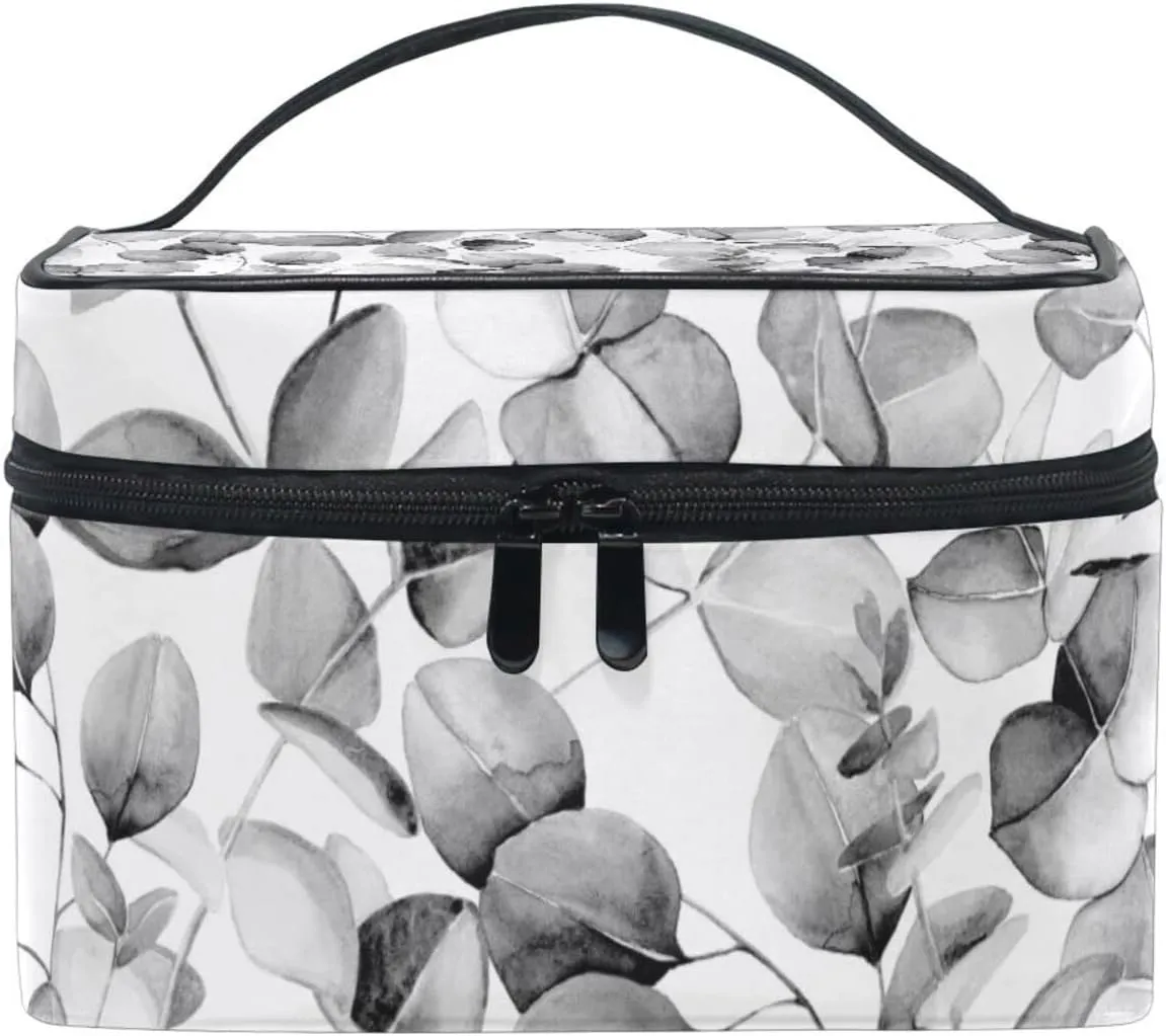 Seamless Branches with Grey Eucalyptus Leaves on White Beauty Cosmetic with Zipper Brush Portable Storage Bag, Fashion printing Toiletry, Durable Travel Organizer Tote Unisex Gifts
