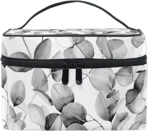 Seamless Branches with Grey Eucalyptus Leaves on White Beauty Cosmetic with Zipper Brush Portable Storage Bag, Fashion printing Toiletry, Durable Travel Organizer Tote Unisex Gifts
