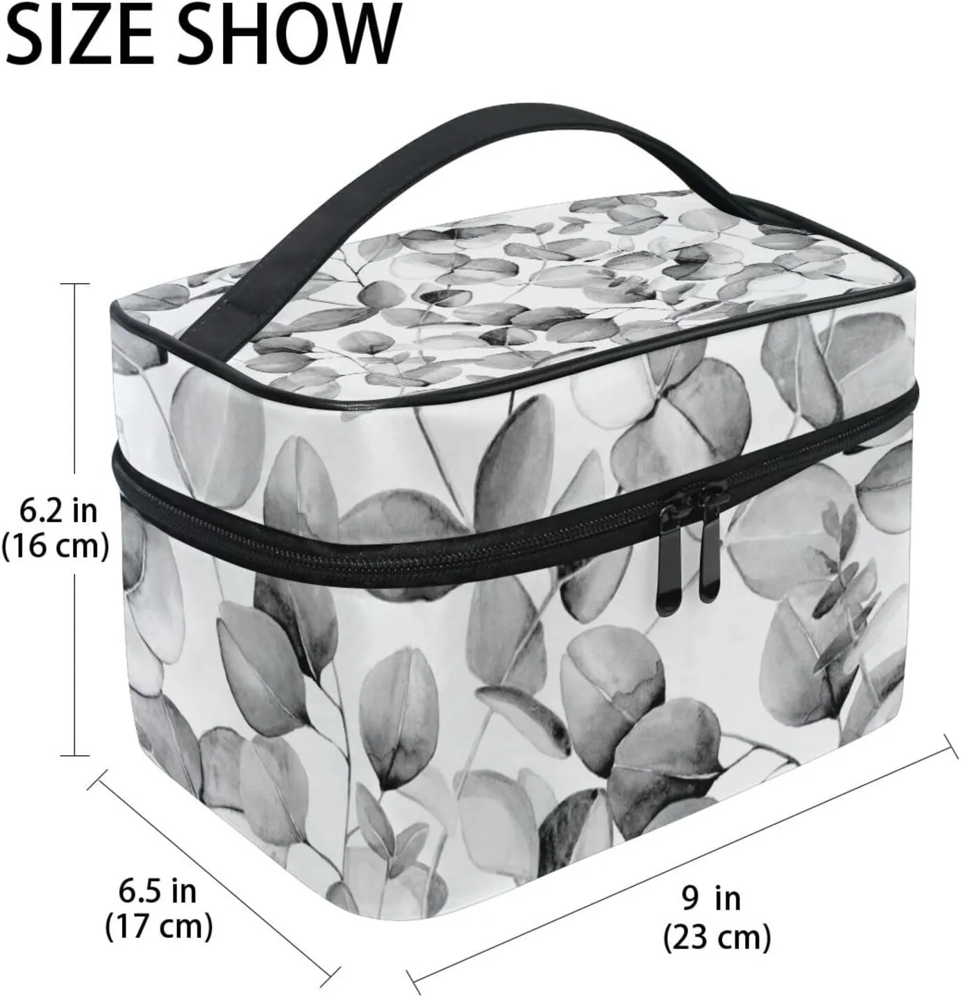 Seamless Branches with Grey Eucalyptus Leaves on White Beauty Cosmetic with Zipper Brush Portable Storage Bag, Fashion printing Toiletry, Durable Travel Organizer Tote Unisex Gifts