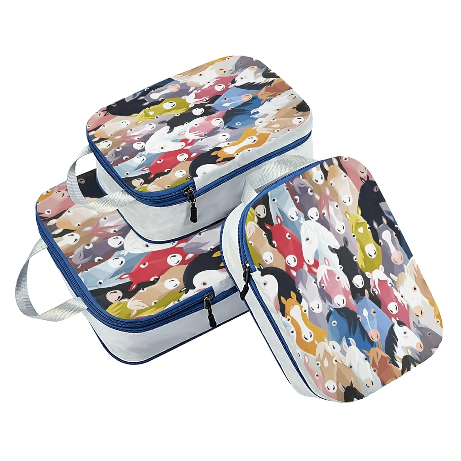 Seamless Colourful Cartoon Horse Heads Texture 3 Set Packing Cubes, Waterproof Check Oxford cloth Organizers, Travel Packing Toiletry Storage Bag