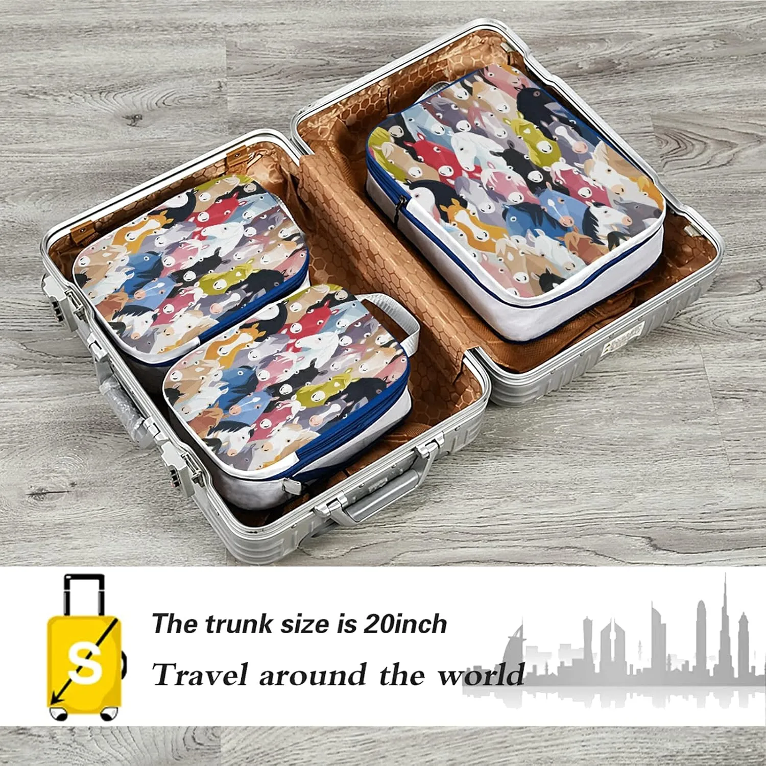 Seamless Colourful Cartoon Horse Heads Texture 3 Set Packing Cubes, Waterproof Check Oxford cloth Organizers, Travel Packing Toiletry Storage Bag