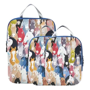Seamless Colourful Cartoon Horse Heads Texture 3 Set Packing Cubes, Waterproof Check Oxford cloth Organizers, Travel Packing Toiletry Storage Bag