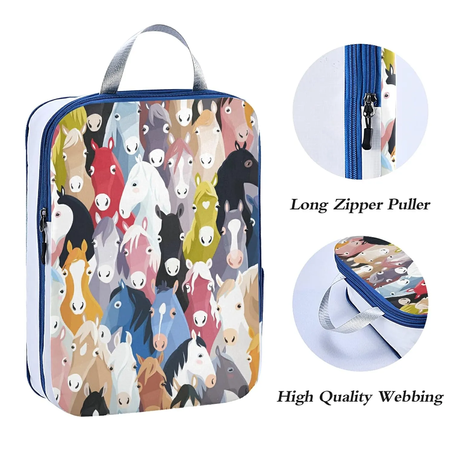 Seamless Colourful Cartoon Horse Heads Texture 3 Set Packing Cubes, Waterproof Check Oxford cloth Organizers, Travel Packing Toiletry Storage Bag