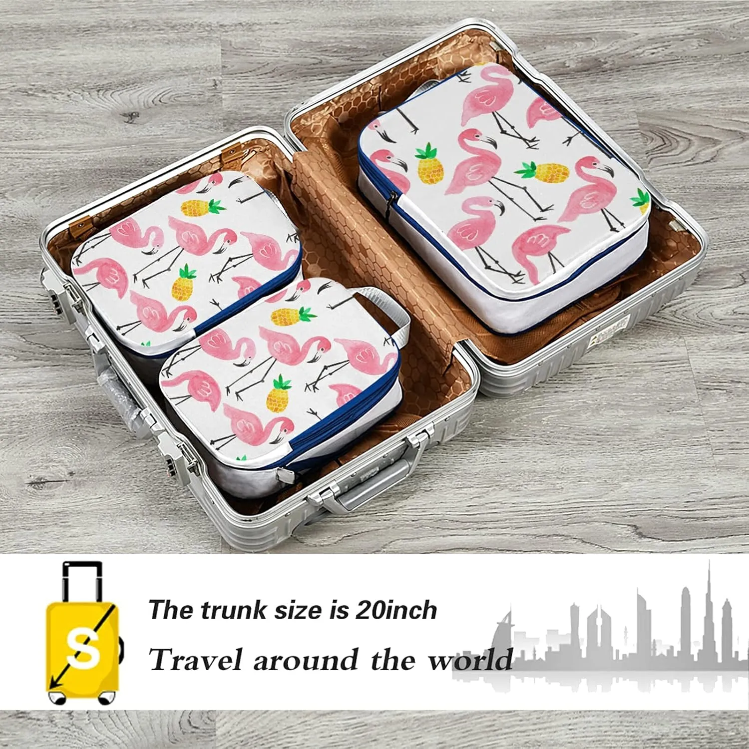 Seamless Watercolor Tropical Pink Flamingo Yellow Pineapple on White 3 Set Packing Cubes, Waterproof Check Oxford cloth Organizers, Travel Packing Toiletry Storage Bag