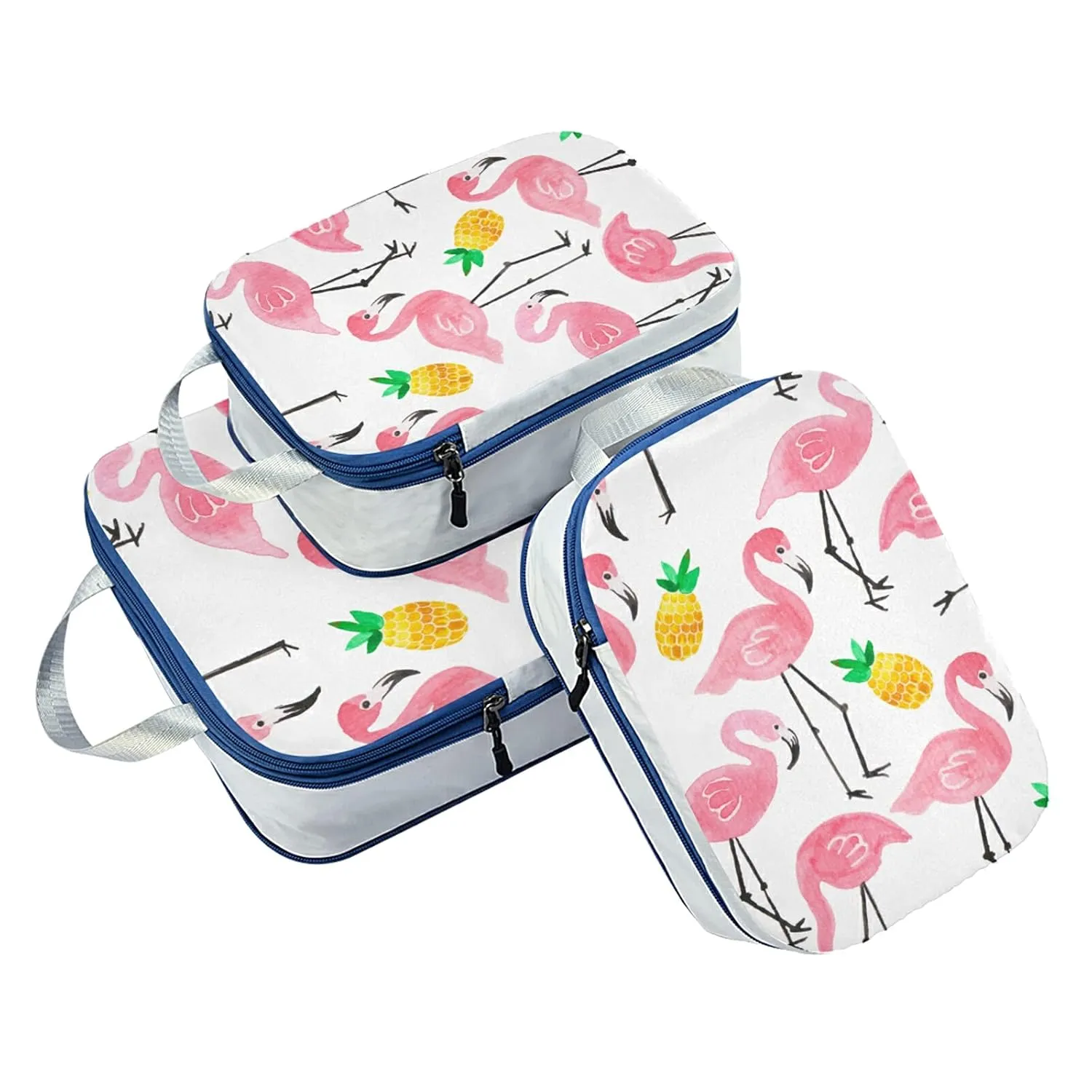 Seamless Watercolor Tropical Pink Flamingo Yellow Pineapple on White 3 Set Packing Cubes, Waterproof Check Oxford cloth Organizers, Travel Packing Toiletry Storage Bag