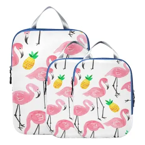 Seamless Watercolor Tropical Pink Flamingo Yellow Pineapple on White 3 Set Packing Cubes, Waterproof Check Oxford cloth Organizers, Travel Packing Toiletry Storage Bag
