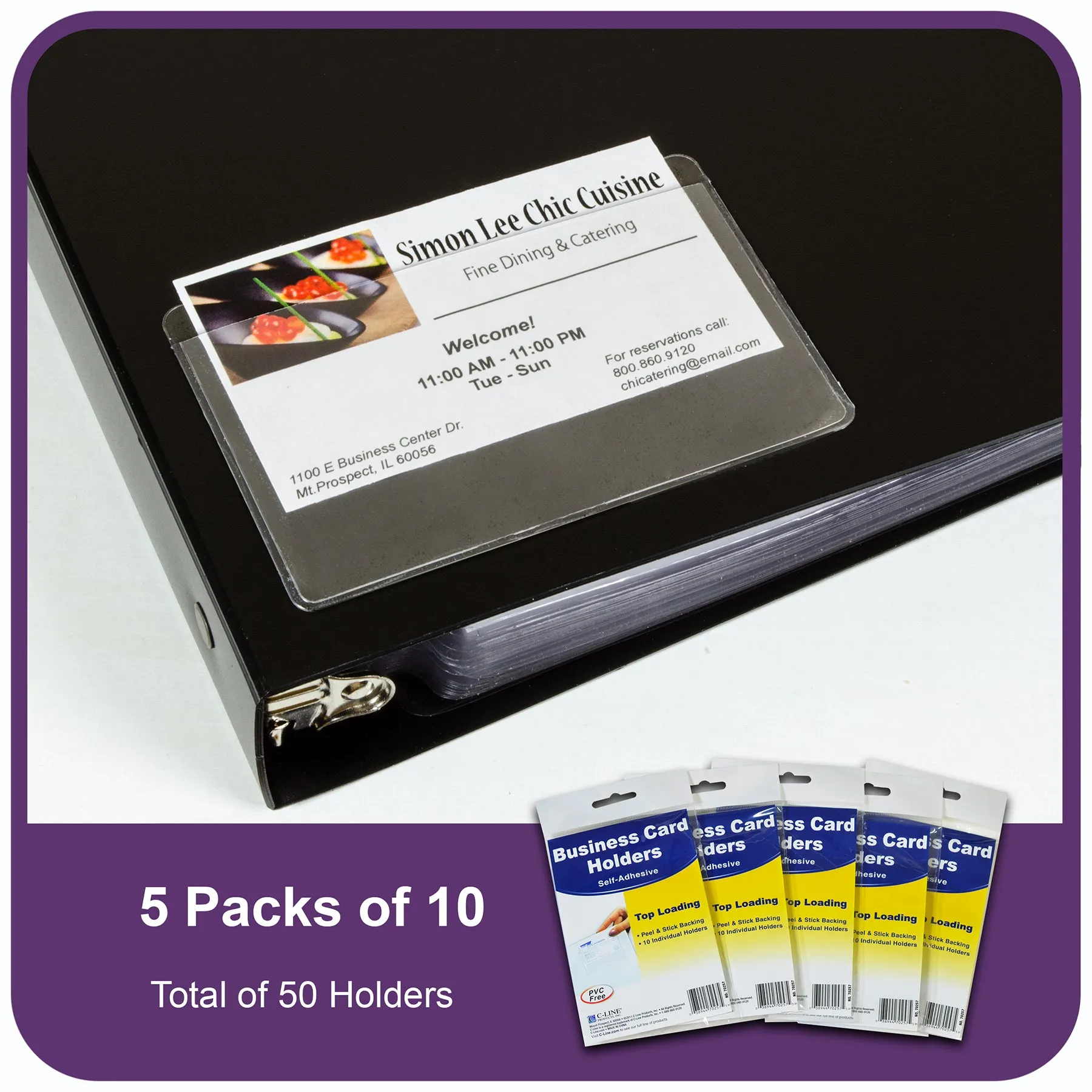 Self-Adhesive Business Card Holder, Top Load, 2" x 3-1/2", 10 Per Pack, 5 Packs