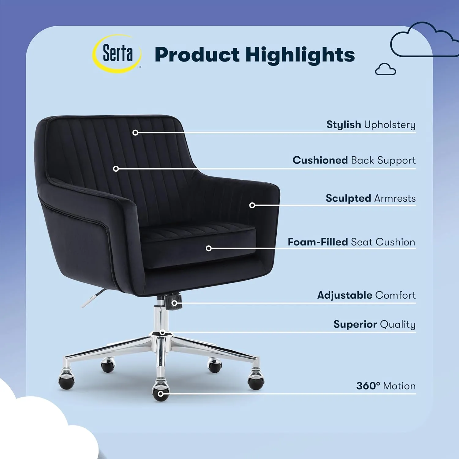 Serta Ashleigh Modern Office Chair, Channel-Tufted Design, Pocket Coil Seat Cushion, Stylish Mid-Century Accent Armchair, Women's Vanity or MakeupChair, Chrome Swivel Base, Black Velvet Fabric