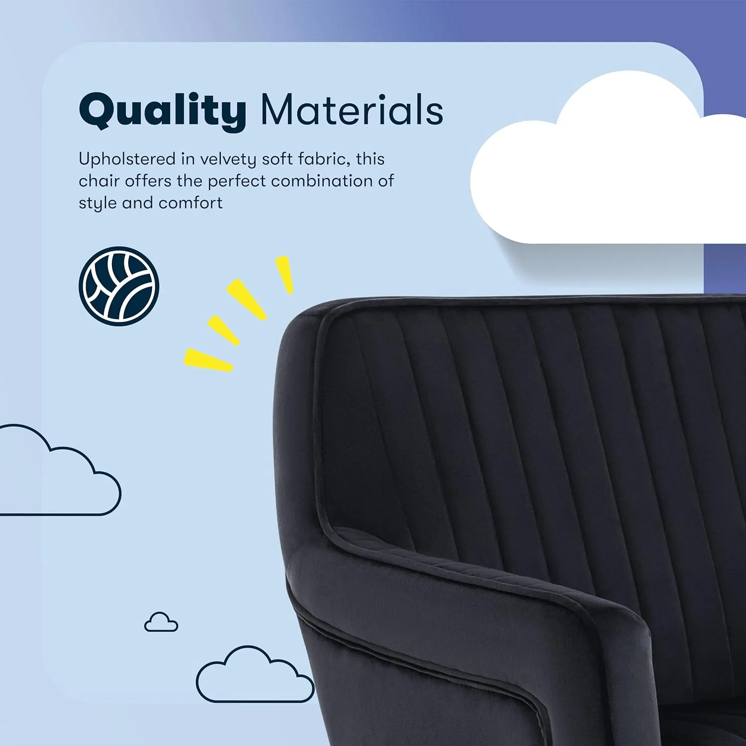Serta Ashleigh Modern Office Chair, Channel-Tufted Design, Pocket Coil Seat Cushion, Stylish Mid-Century Accent Armchair, Women's Vanity or MakeupChair, Chrome Swivel Base, Black Velvet Fabric