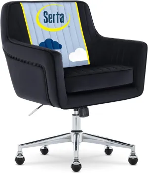 Serta Ashleigh Modern Office Chair, Channel-Tufted Design, Pocket Coil Seat Cushion, Stylish Mid-Century Accent Armchair, Women's Vanity or MakeupChair, Chrome Swivel Base, Black Velvet Fabric