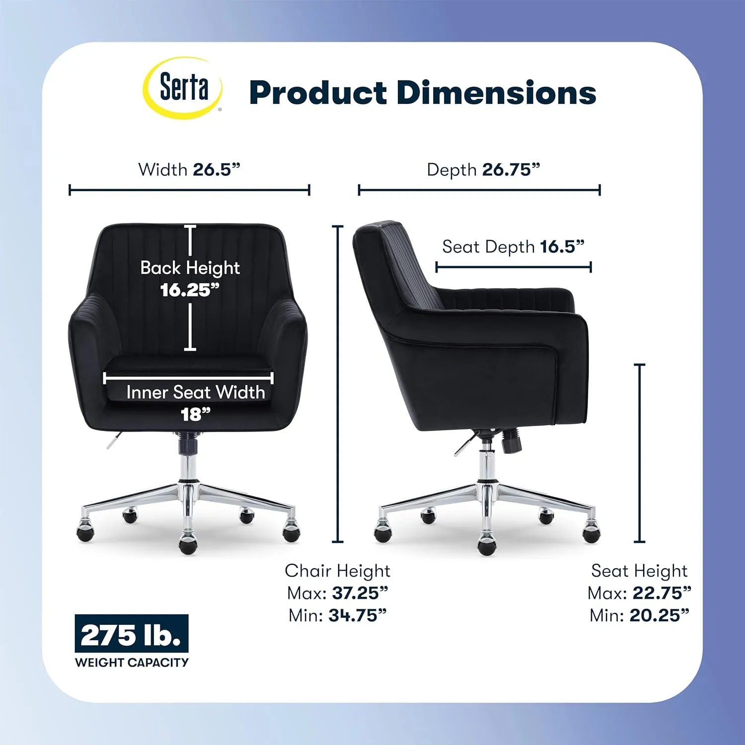 Serta Ashleigh Modern Office Chair, Channel-Tufted Design, Pocket Coil Seat Cushion, Stylish Mid-Century Accent Armchair, Women's Vanity or MakeupChair, Chrome Swivel Base, Black Velvet Fabric
