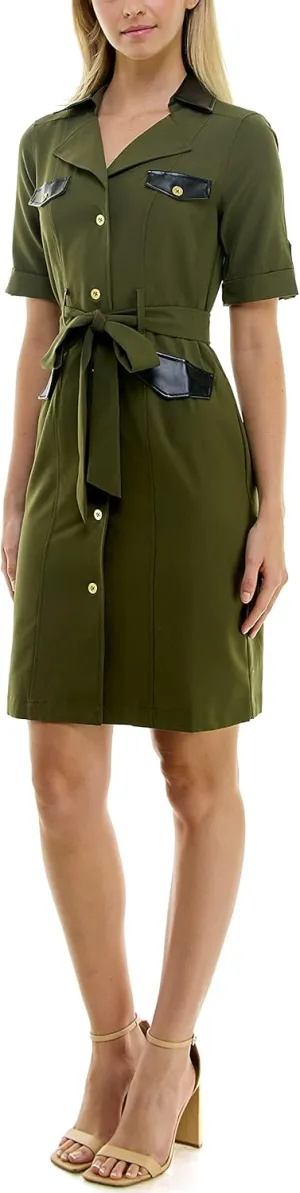 Sharagano Women's Belted Shirtdress with Short Roll Tab Sleeves