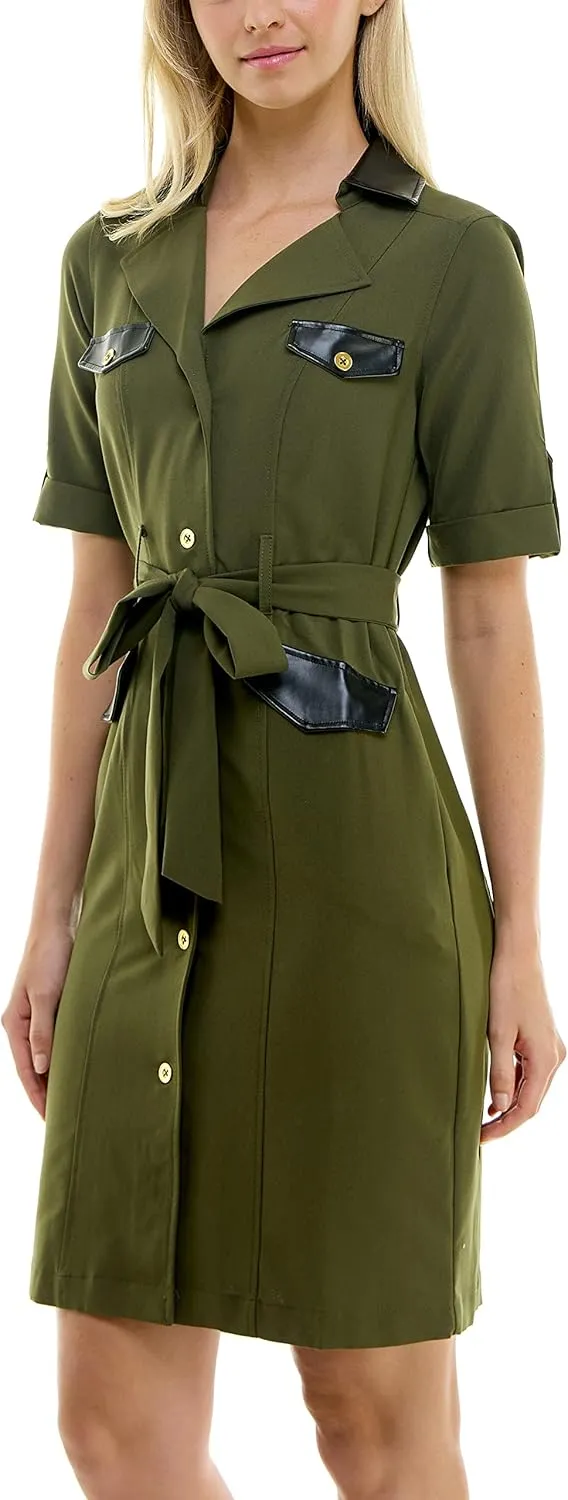 Sharagano Women's Belted Shirtdress with Short Roll Tab Sleeves