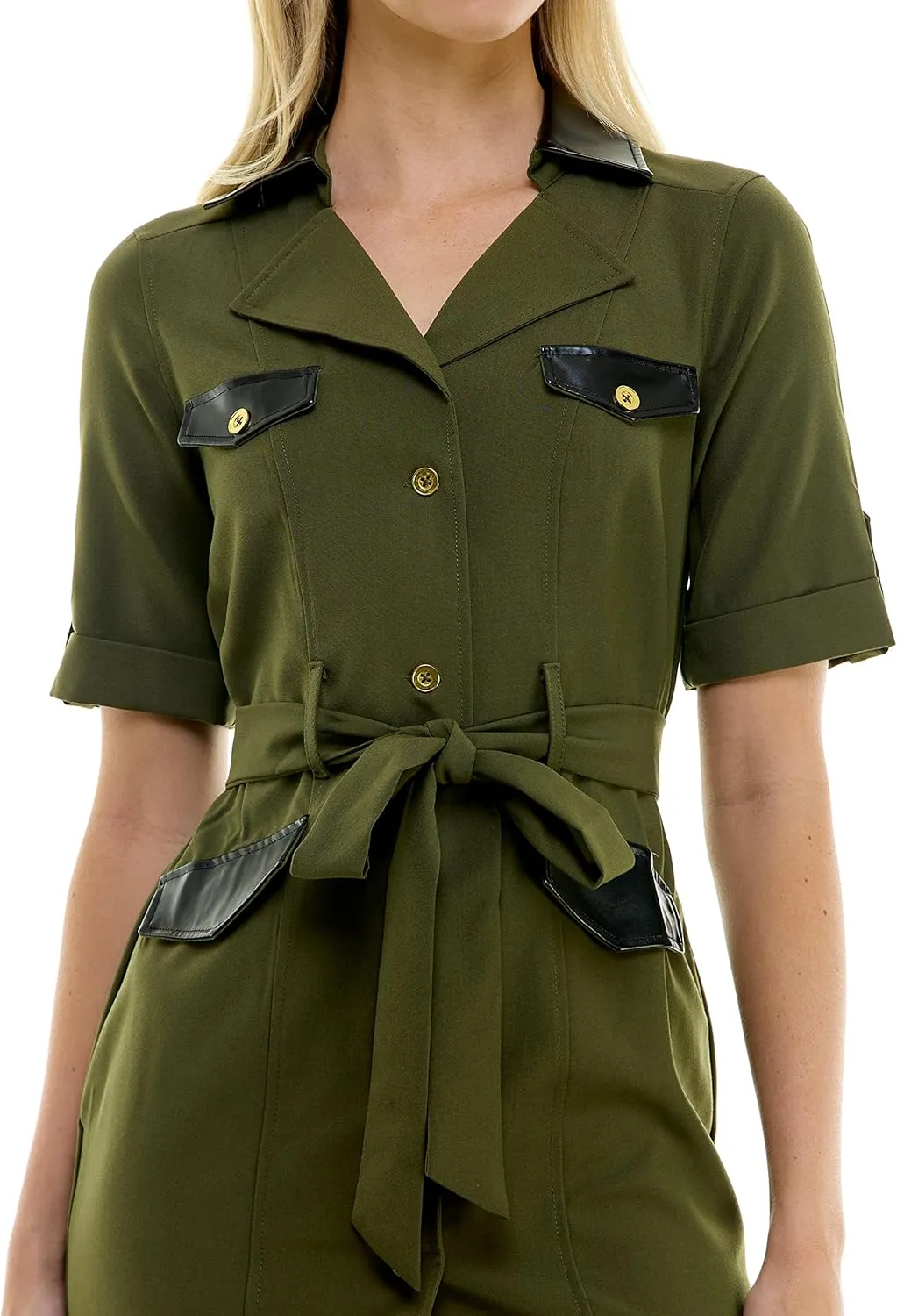 Sharagano Women's Belted Shirtdress with Short Roll Tab Sleeves