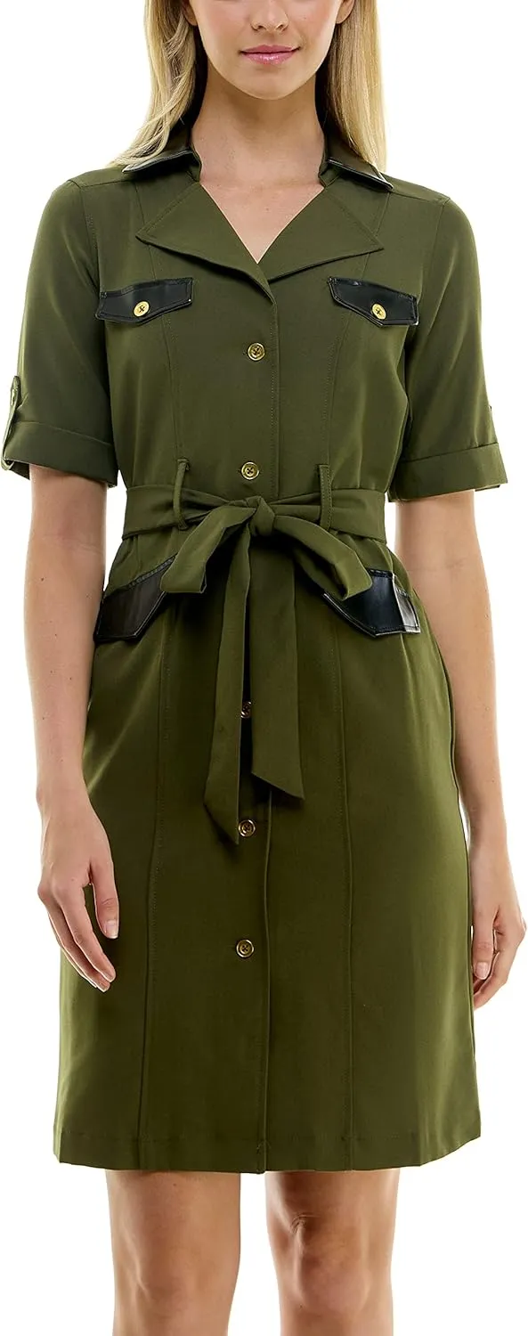 Sharagano Women's Belted Shirtdress with Short Roll Tab Sleeves