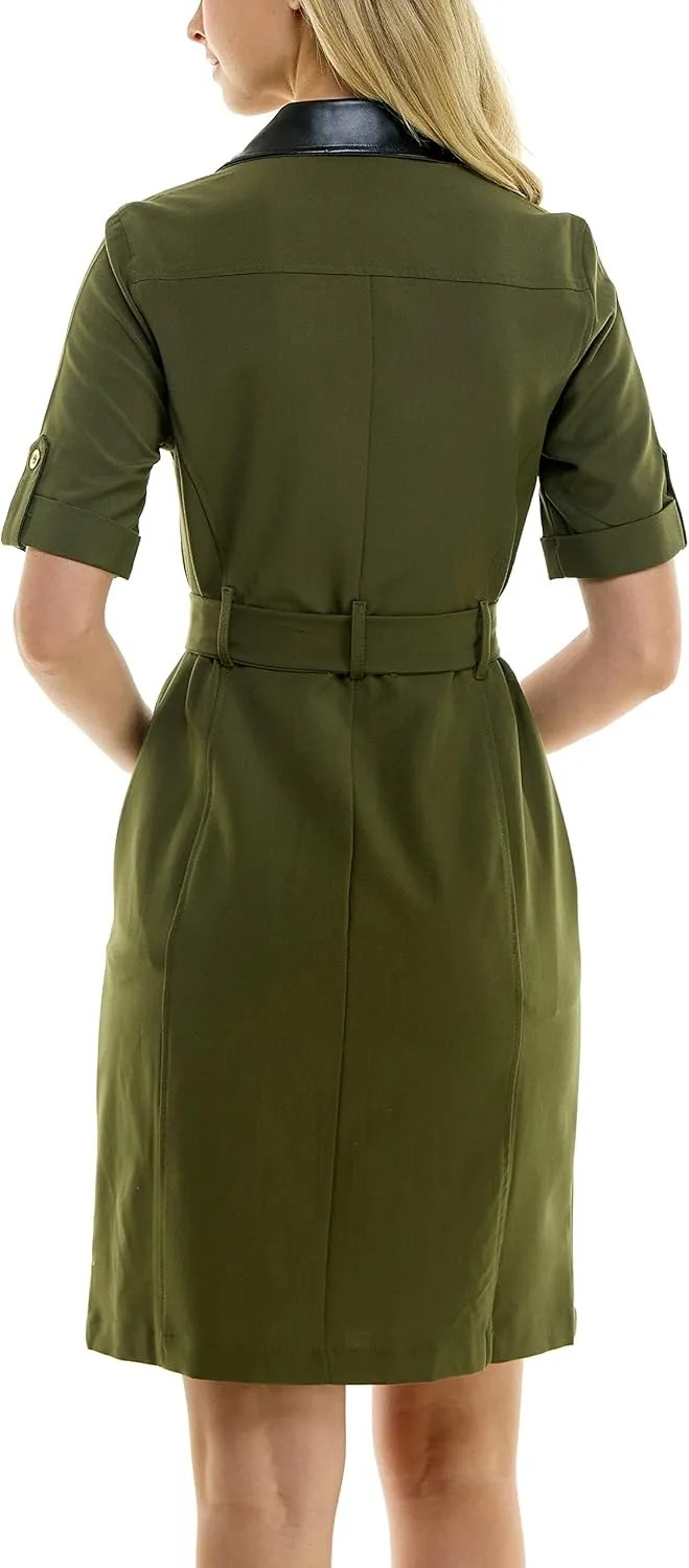 Sharagano Women's Belted Shirtdress with Short Roll Tab Sleeves