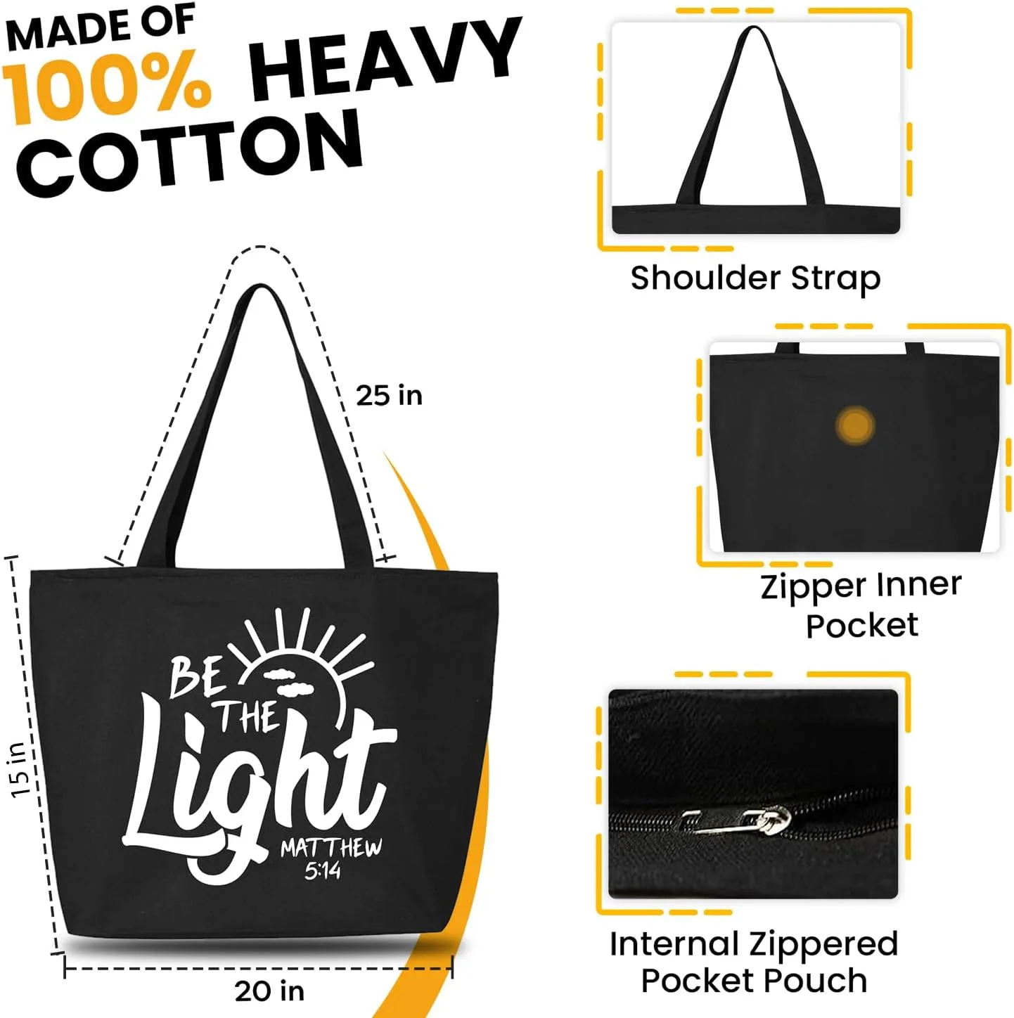 shop4ever Be The Light Matthew 5:14 Heavy Canvas Tote with Zipper Reusable Shopping Bag Bible Verse Christian Gift